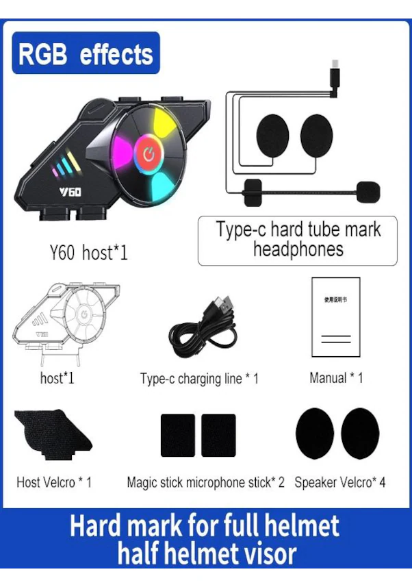 Bilişim Burada Y60 Mikrofonlu Ipx6 Su Geçirmez Rgb Bluetooth 5-3 Sesli Asistan İnterkom Kask Kulaklığı