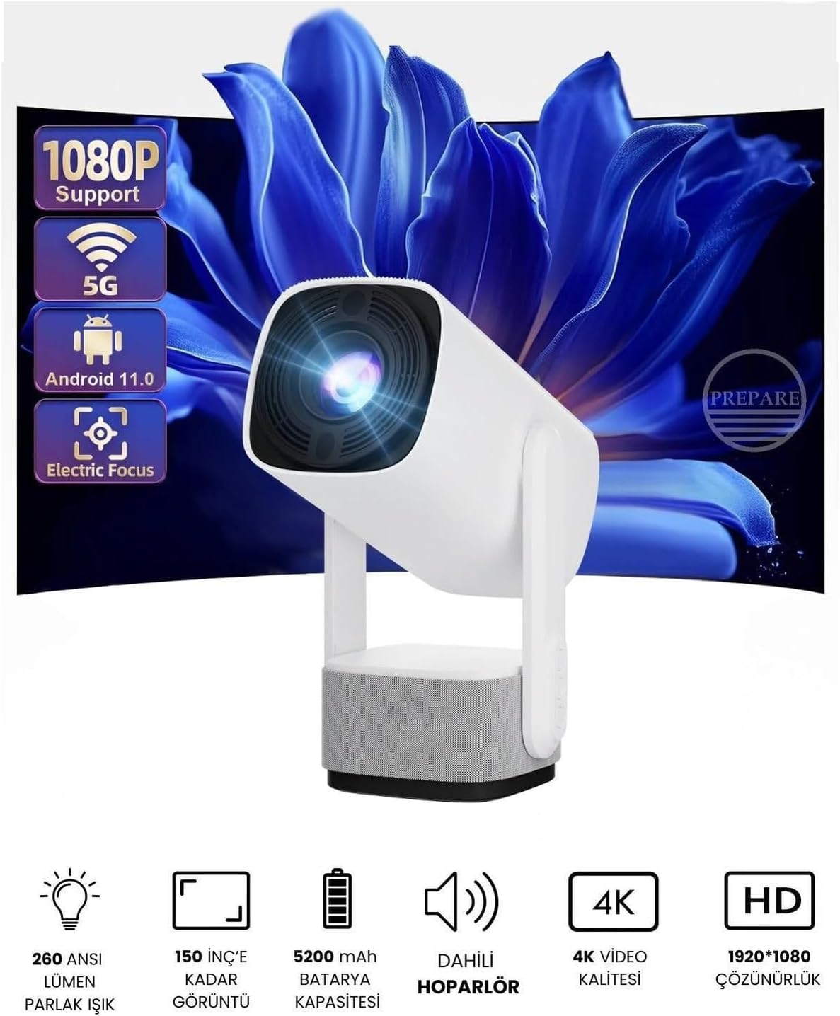 Bilişim Burada K2 Powerbanklı Bluetooth Android Taşınabilir Kamp Projeksiyon Wifi  4K Destekli RGB Led Akıllı Sinema Kamp Projeksiyon Projektör