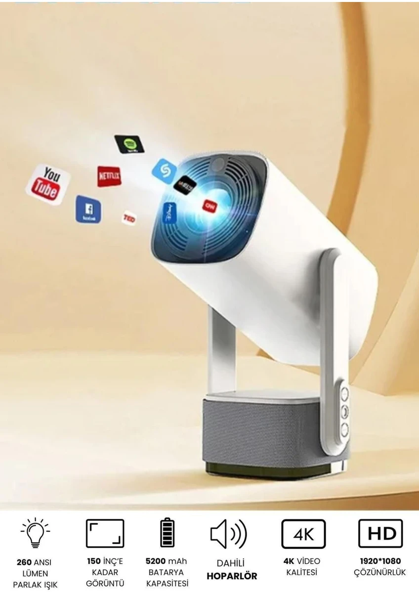 Bilişim Burada K2 Powerbanklı Bluetooth Android Taşınabilir Kamp Projeksiyon Wifi  4K Destekli RGB Led Akıllı Sinema Kamp Projeksiyon Projektör