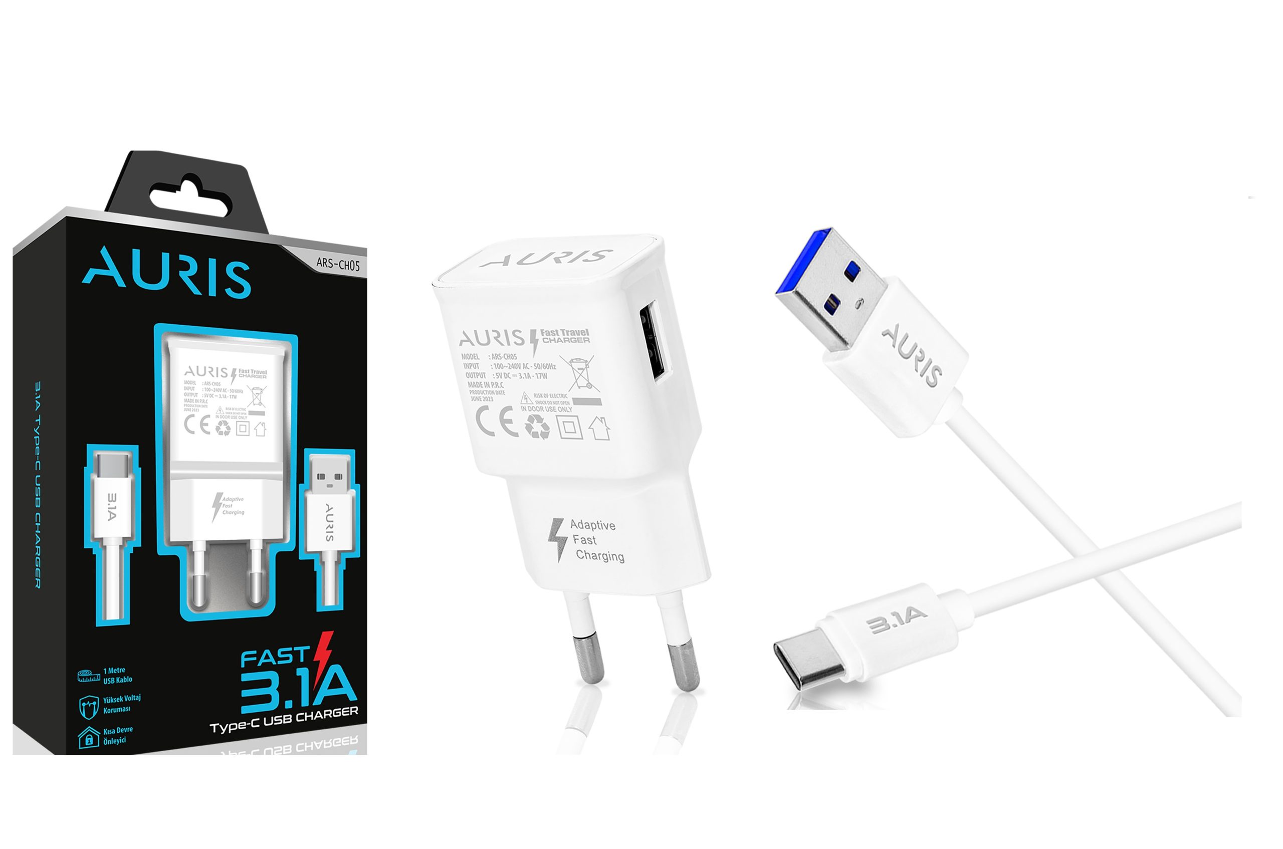 Auris Ars-CH05 3-1A  1 Metre Usb TYPE C Şarj Ve Data Kablosu Şarj Aleti Set