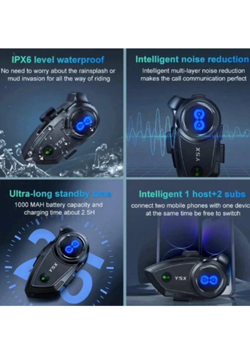 Bilişim BuradaY5X Rgb Işıklı Intercom 5 Kişi Bağlantılı 1000MAH Motosiklet Bluetooth Kulaklık Seti