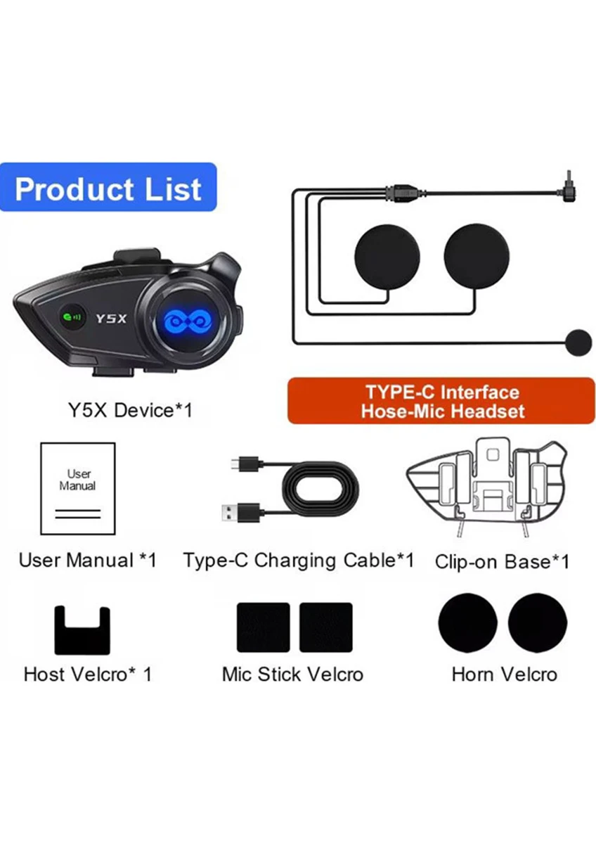 Bilişim BuradaY5X Rgb Işıklı Intercom 5 Kişi Bağlantılı 1000MAH Motosiklet Bluetooth Kulaklık Seti