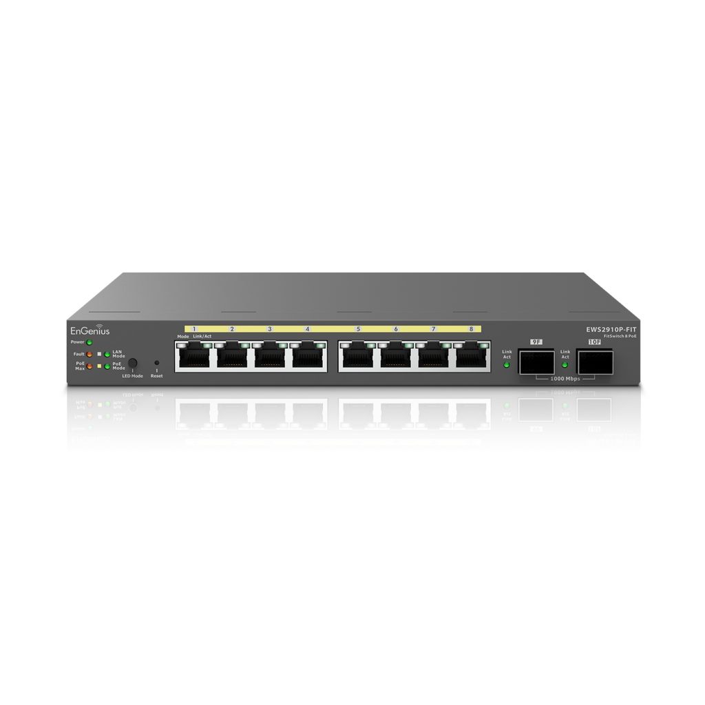EnGenius EWS2910P-FIT PoE+ Switch 8 x 10/100/1000 Port, 2 x SFP Fiber Port, L2+, 8-Port PoE+, 55W, Desktop