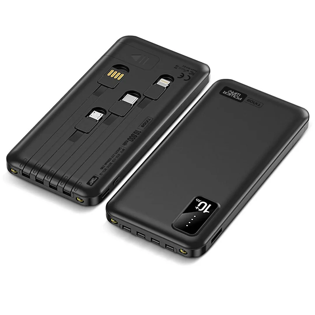 Powerway 10-000 Mah Kablolu Dijital Göstergeli 10-000 Mah Garantili Dahili Stand TX109 Siyah Powerbank