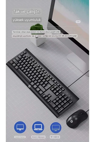 HP KM100 Kablolu Klavye Mouse Set Kurulumu Kolay Tak Çalıştır Şık Zafir Modern Tasarım Türkçe Q Klavye