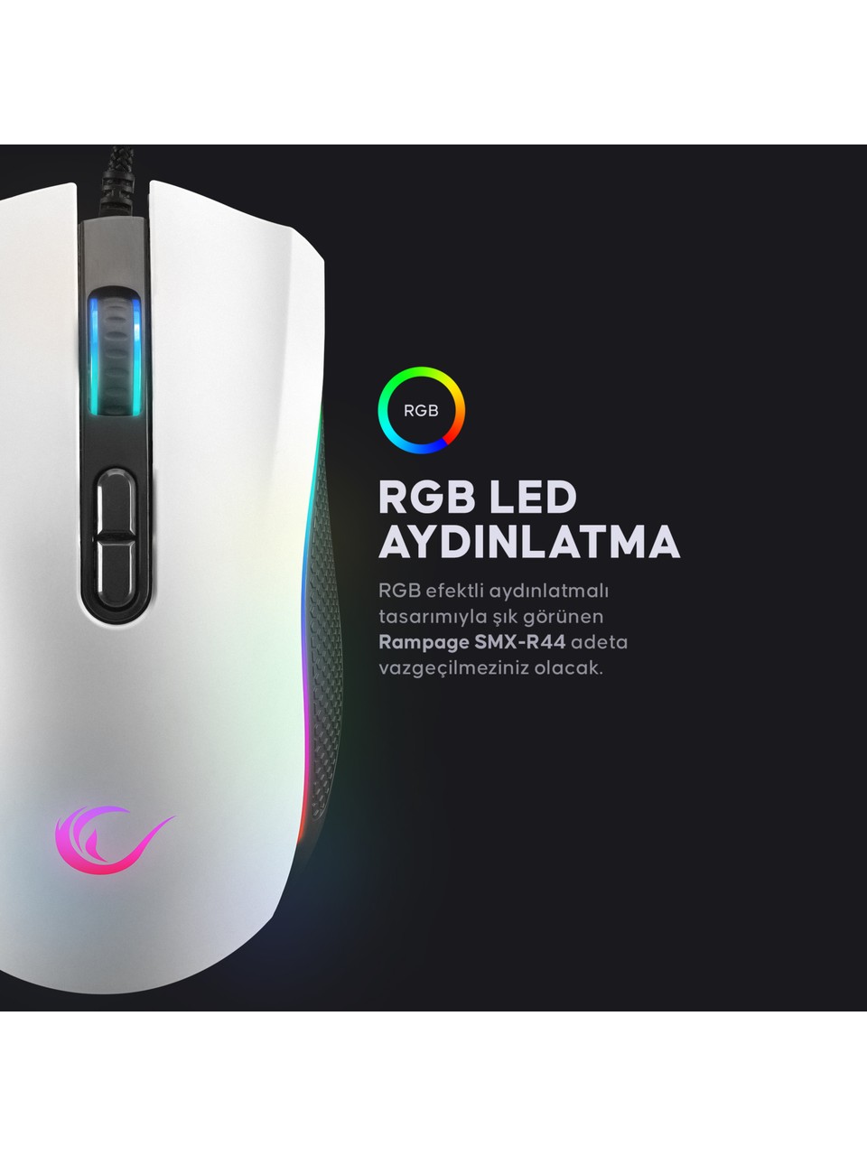 RAMPAGE SMX-R44 MAKROLU BEYAZ 6400DPI RGB LEDLİ GAMİNG OYUNCU MOUSE