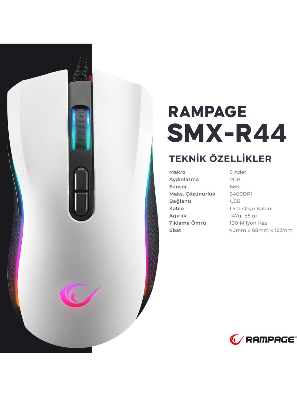 RAMPAGE SMX-R44 MAKROLU BEYAZ 6400DPI RGB LEDLİ GAMİNG OYUNCU MOUSE