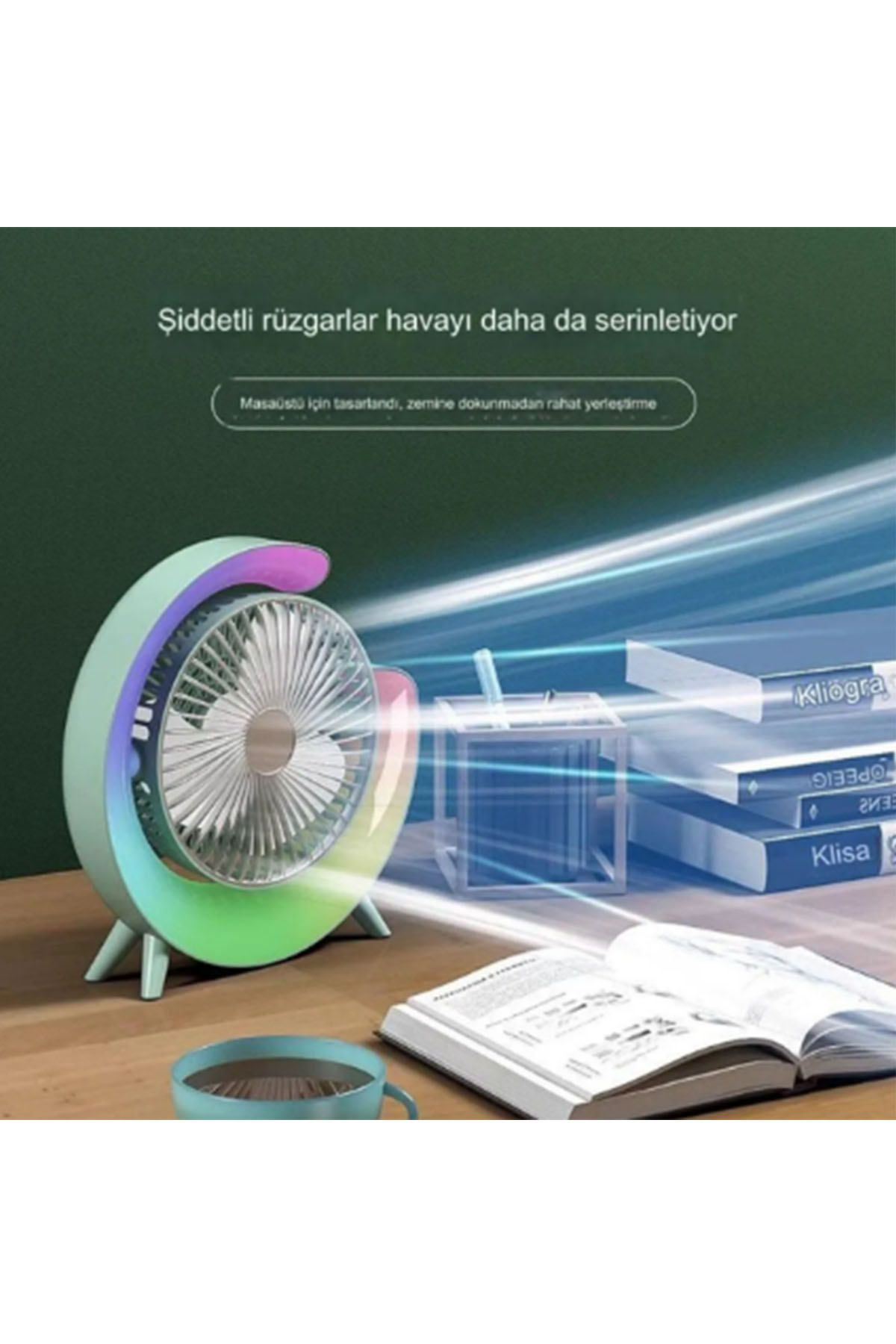 Bilişim Burada USB Masa Fanı Güçlü Hava Akımı Sessiz Çalışma Renkli Lamba Şarj Edilebilir 3 Hız Rüzgar 360 Dönebilir Ayakta Fanlar Mavi