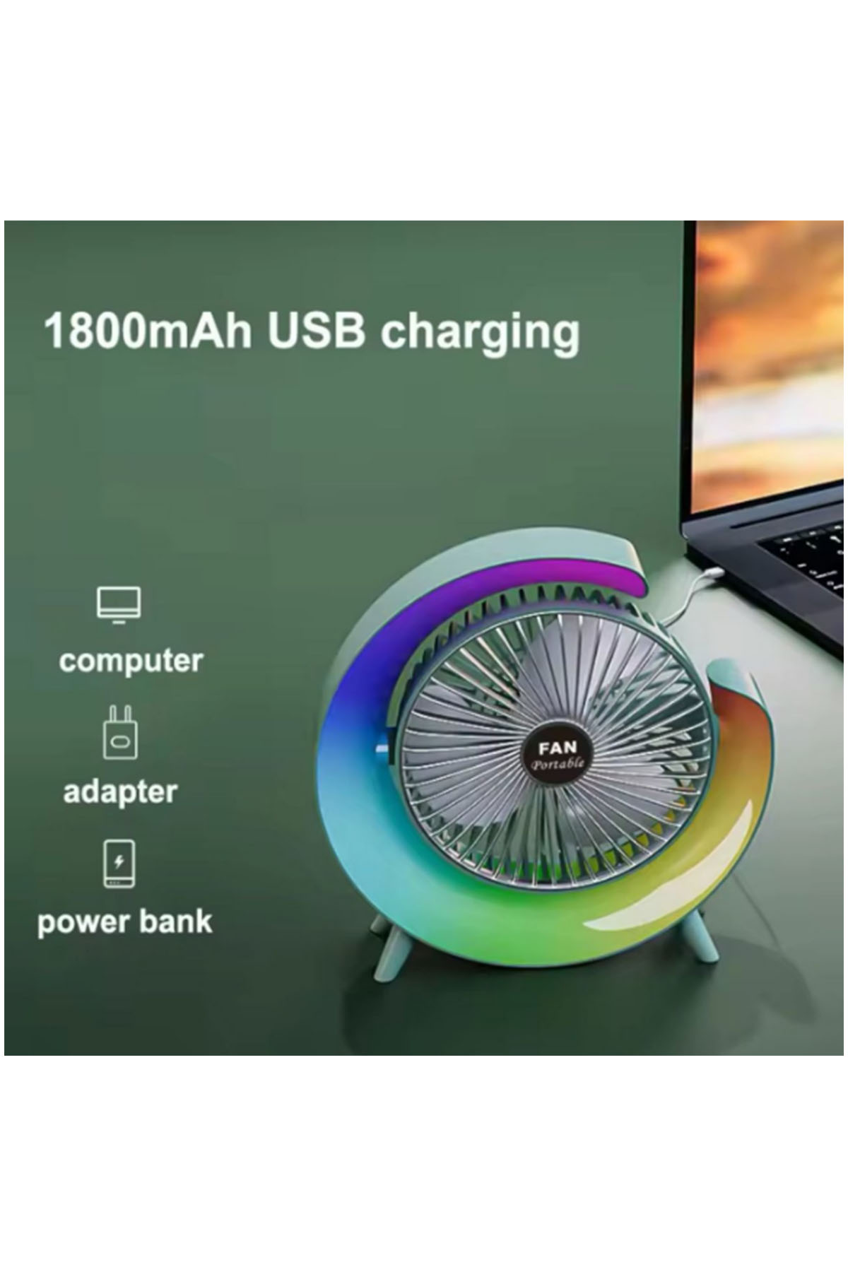 Bilişim Burada USB Masa Fanı Güçlü Hava Akımı Sessiz Çalışma Renkli Lamba Şarj Edilebilir 3 Hız Rüzgar 360 Dönebilir Ayakta Fanlar Mavi