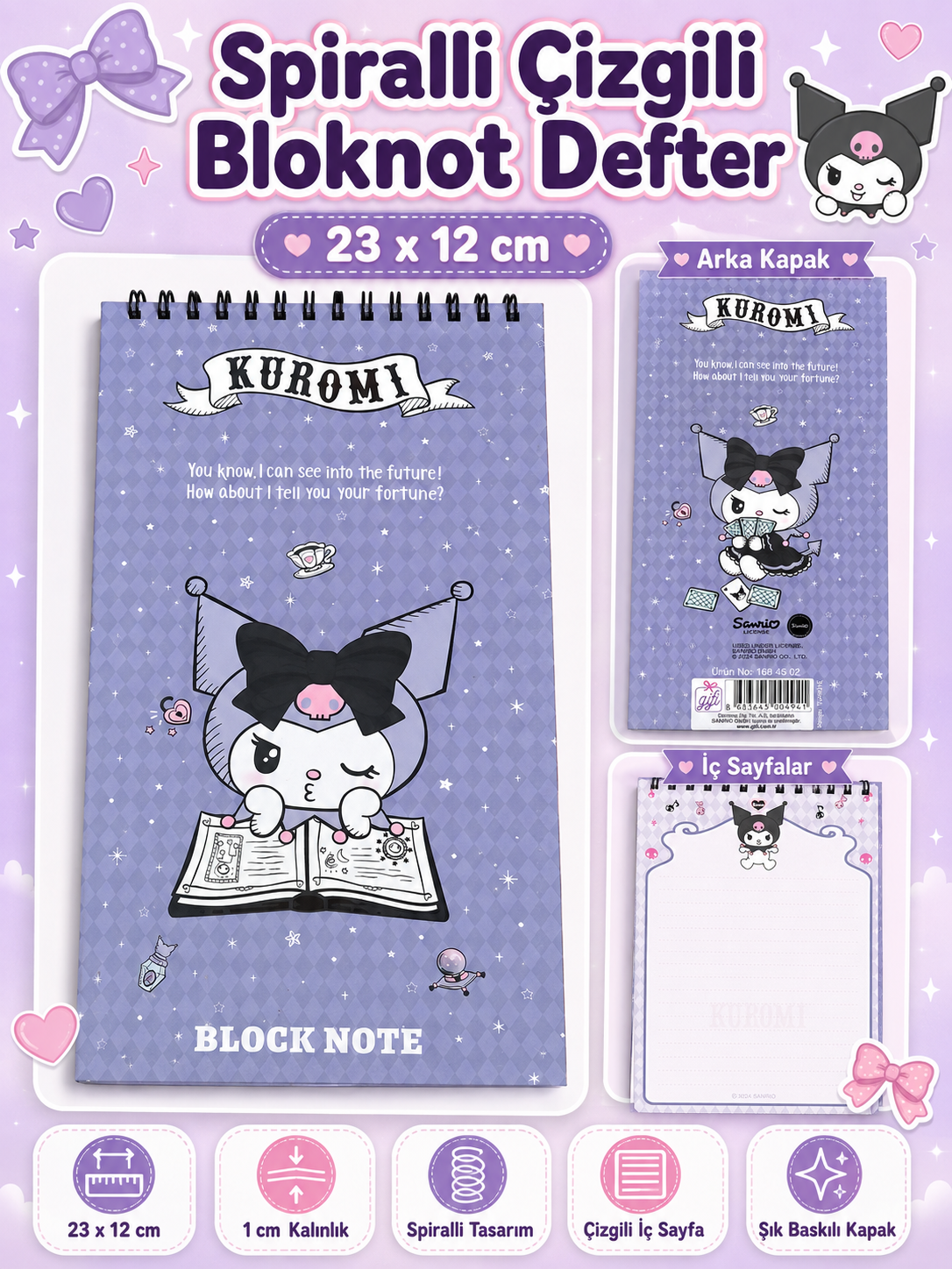 Spiralli Çizgili Bloknot Defter 23x12 cm Kuromi