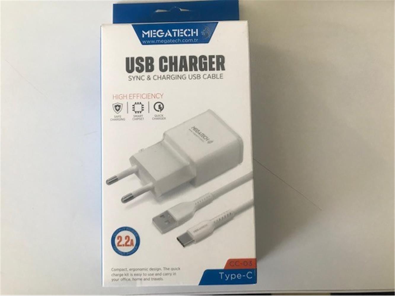 Megatech CC-03 2.2A Type-c  Usb Kablo Ev Şarj Adaptörü 