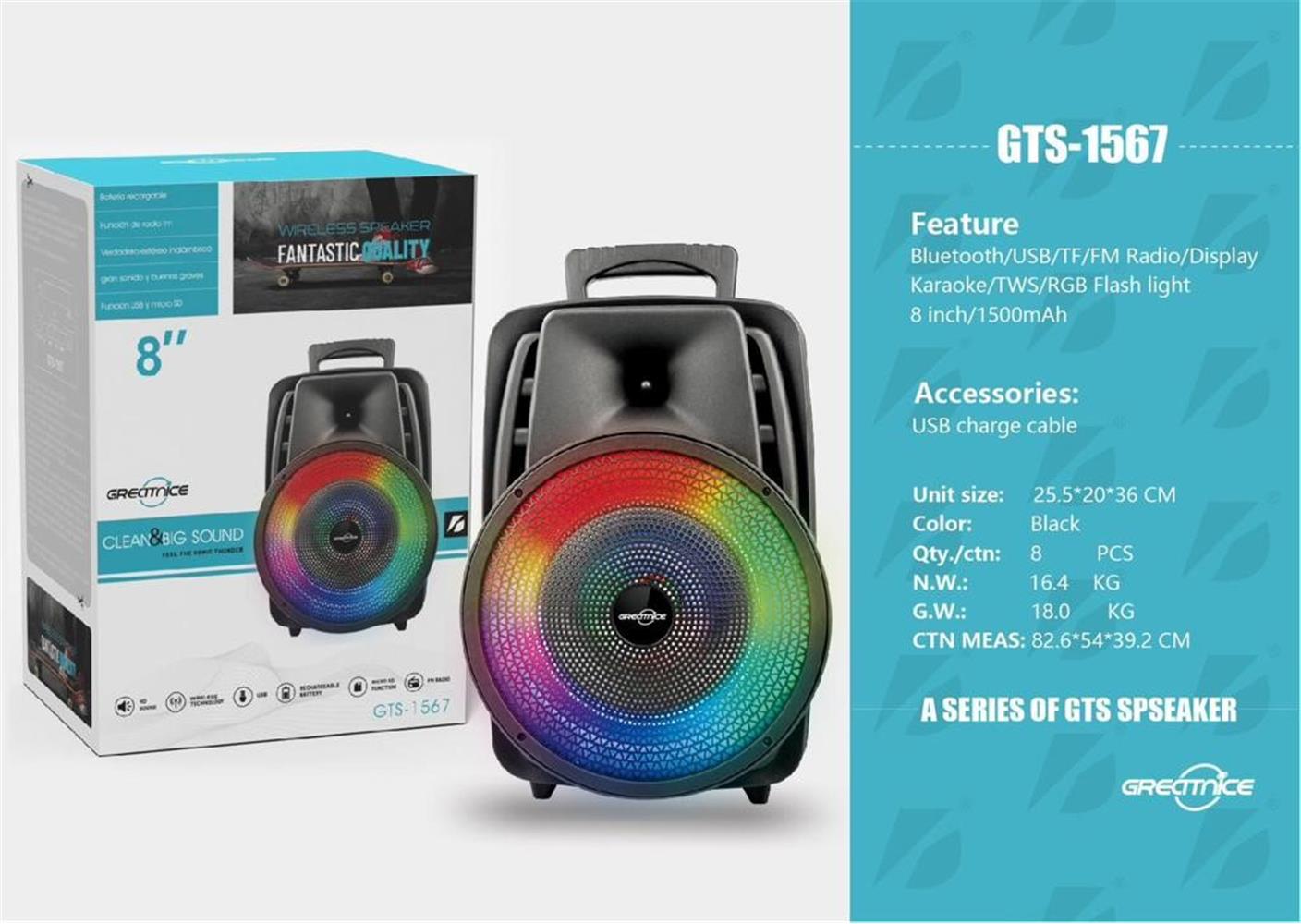 GTS-1567 8" Siyah Mikrofonlu Bleutooth-Fm-Usb Küçük El Anfisi RGB 