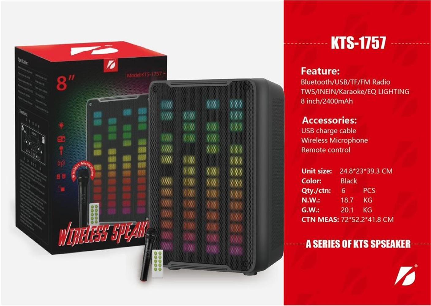 KTS-1757  8" Siyah Kablosuz Mikrofon Bluetooth-Fm-Usb Küçük El Anfisi 