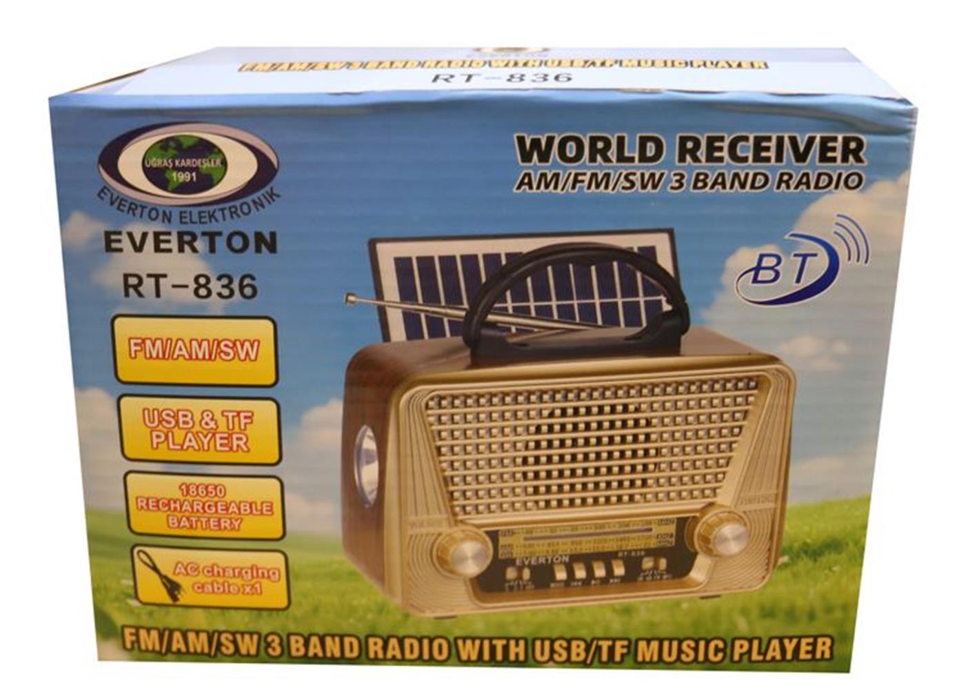 Everton Rt-836 Bluetooth Fm-Usb-Tf-Aux Solarlı Şarjlı Nostaljik Radyo