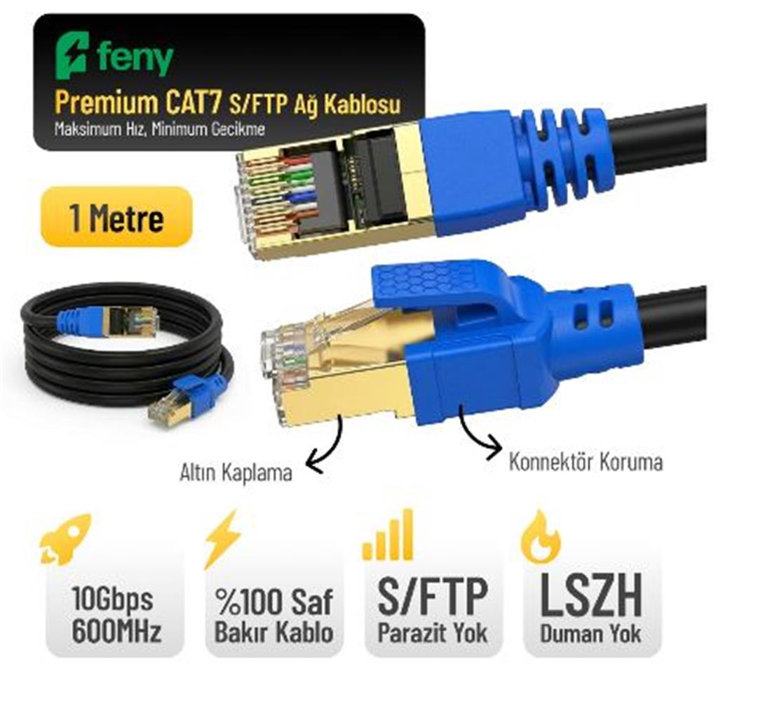Feny FN-CAT7LS01 10GBPS İnternet 60MHZ 1 Metre CAT7 Gold Patch Kablo (Yanmaz- yüzde 100 Saf Bakır)