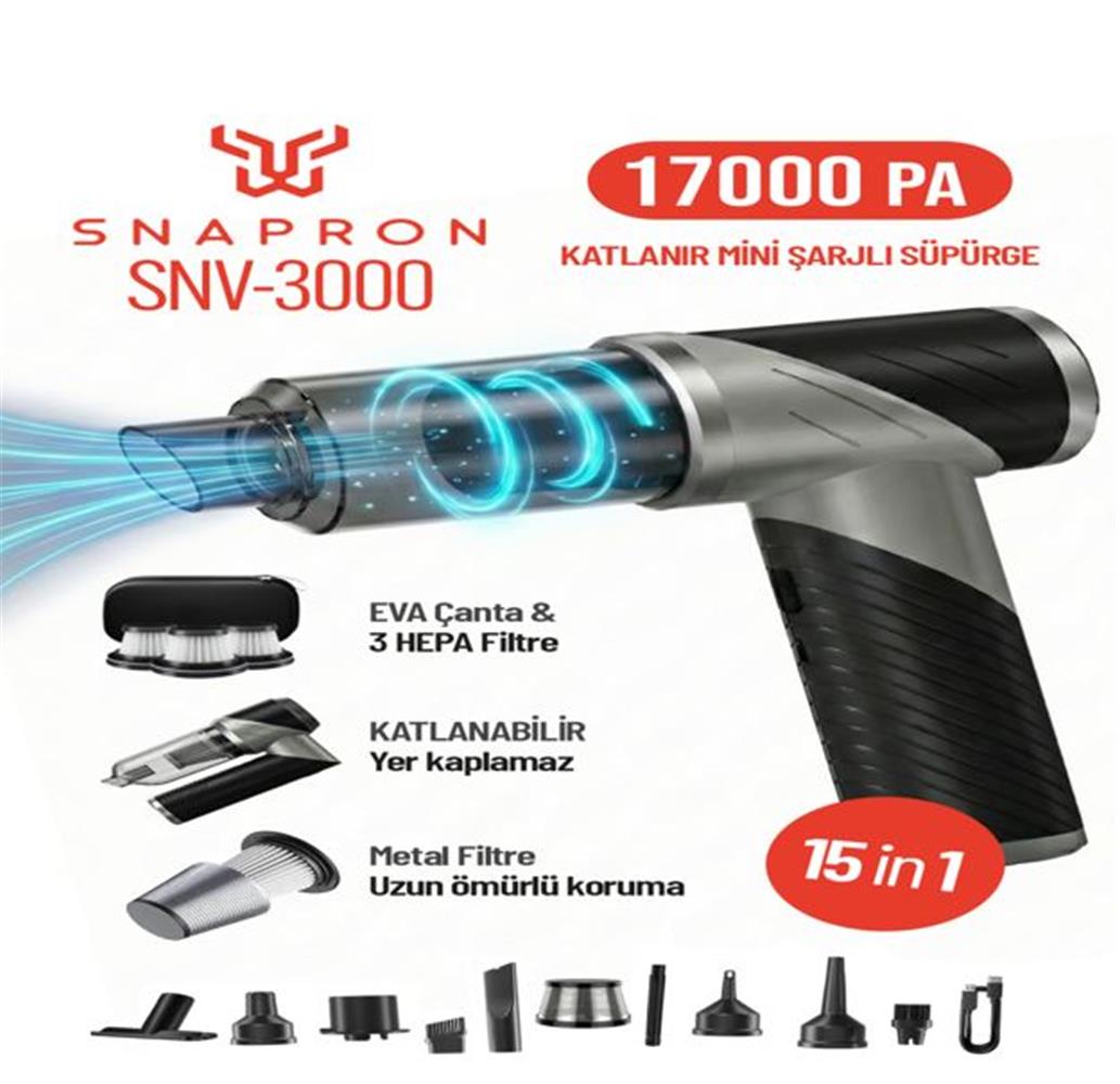 Snapron SNV-3000 17000PA 2000Mah 15in1 Güçlü Vakum Ve Üflemeli Şarjlı Katlanabilir Araç Süpürgesi