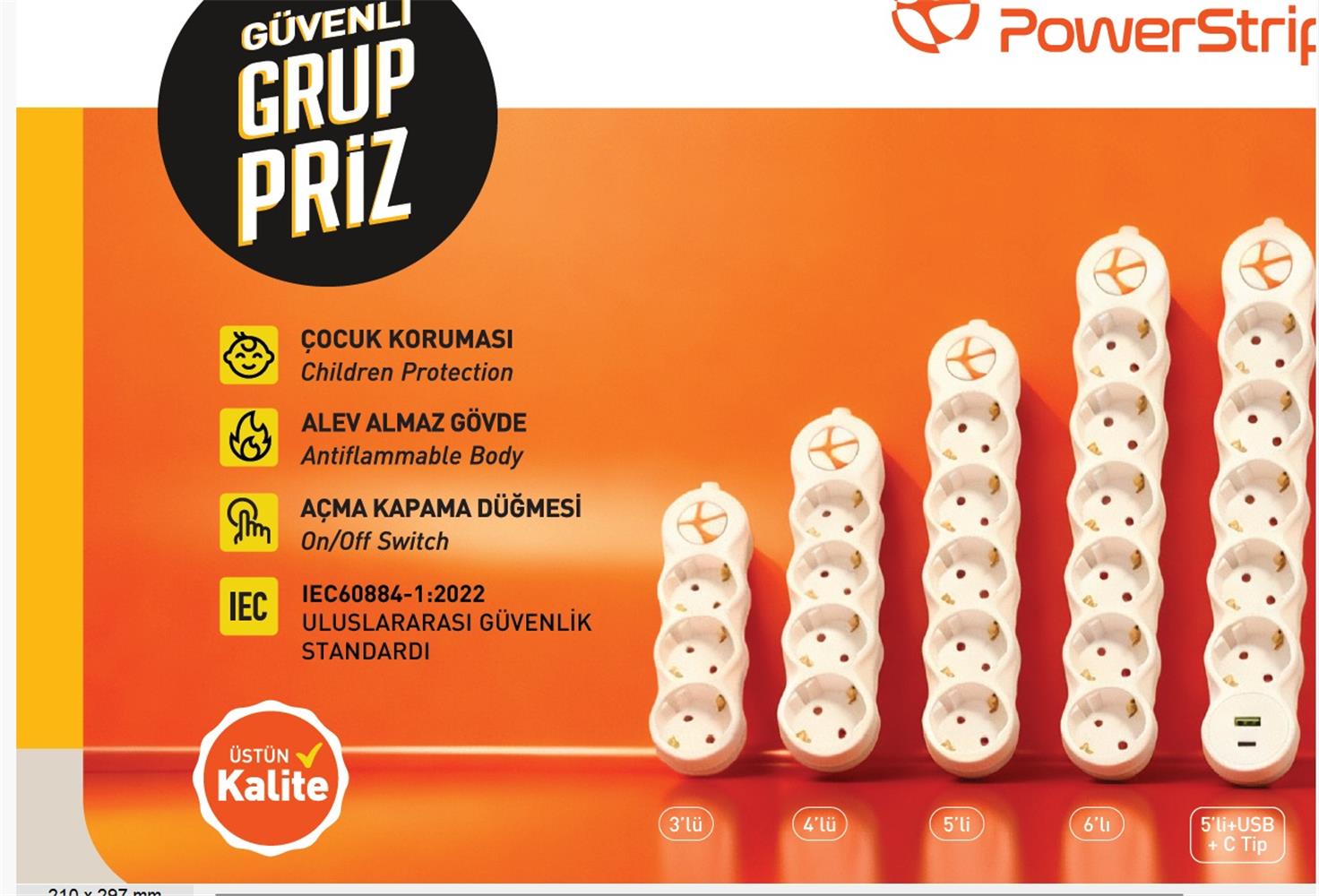 TUNCMATIK POWERSTRIP5 5 li 1,5m IEC 66884-1:2022 Standartı, FR(Alev Almaz)anahtarlı grup priz