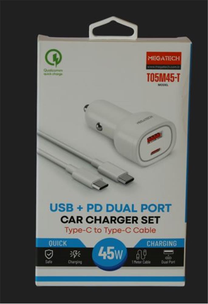 Megatech T05M45-T Beyaz 45W PD-USB Araç Çakmaklık Şarj Başlığı Hızlı Şarj(TYPE-C TO TYPE-C KABLO)