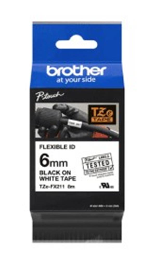 Brother TZE-FX211 6 mm Beyaz Üzeri Siyah Esnek Laminasyonlu Etiket