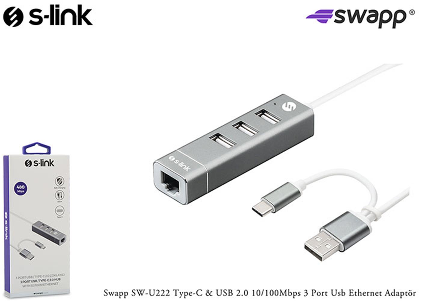 S-link SW-U222 10-100Mbps Type-C & USB 2.0 Usb Ethernet Adaptör