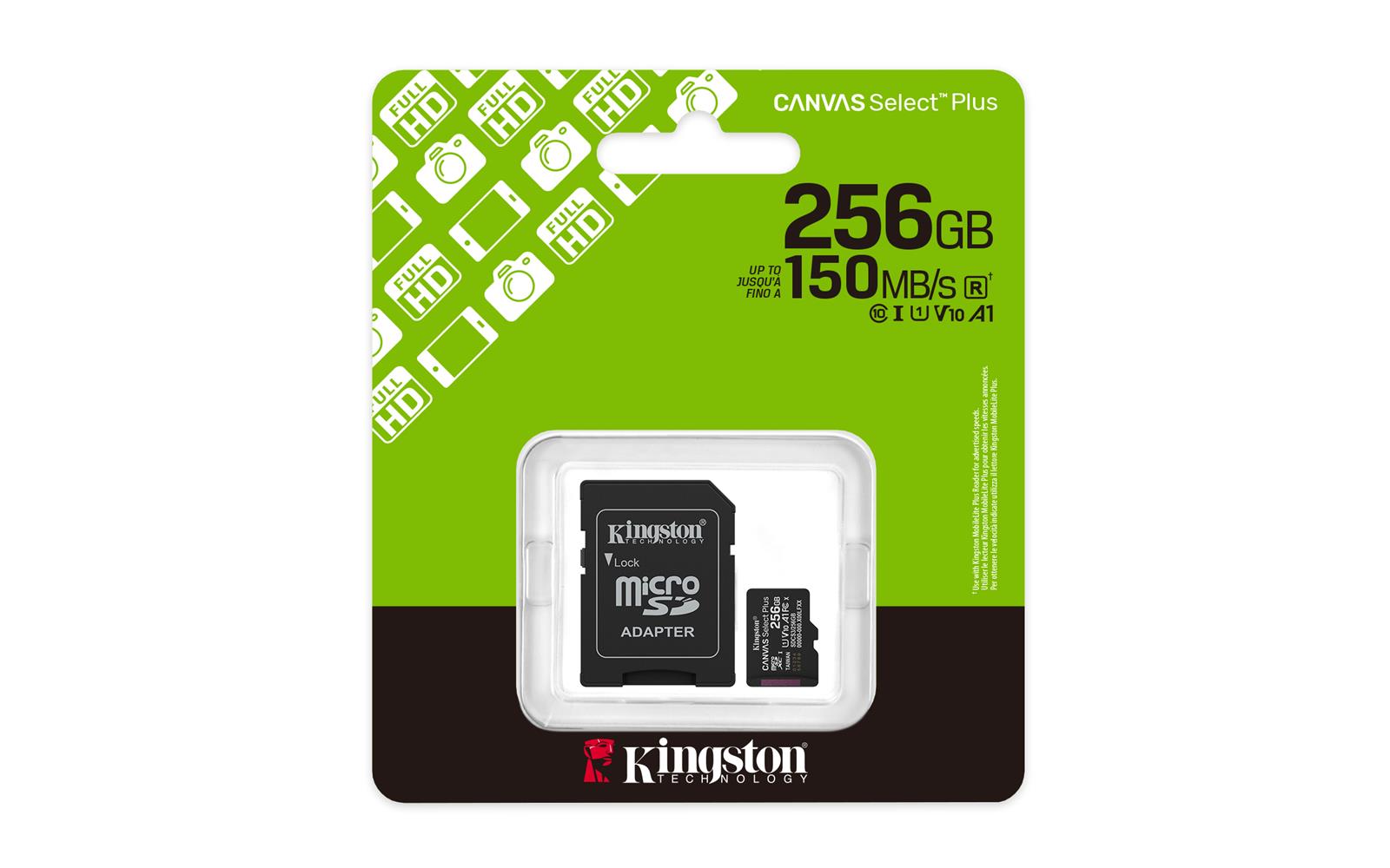 Kingston SDCS3-256GB 256GB microSDXC Canvas Select Plus Gen3 150MB-s A1 Card + Adapter Hafıza Kartı 