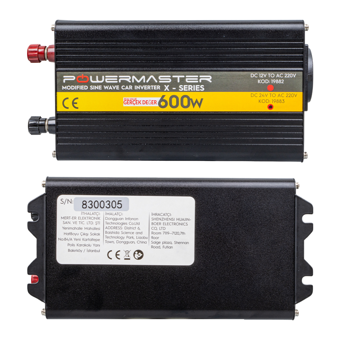 POWERMASTER PWR600-24 TEK DİJİTAL EKRAN 24 VOLT - 600 WATT MODIFIED SINUS WAVE INVERTER