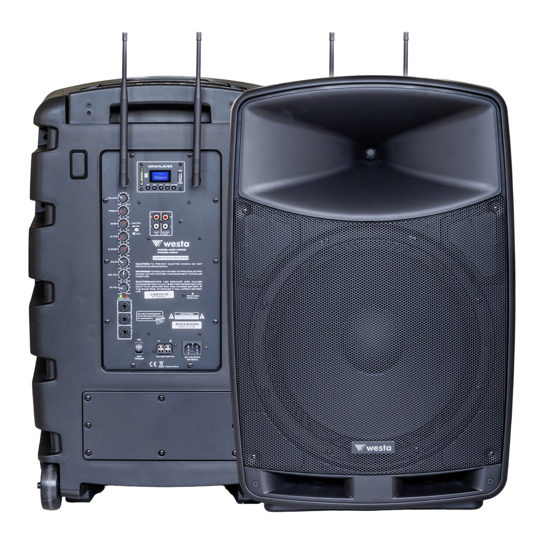 WESTA WAP-15505 400 WATT 15 16*2 KANAL 2 YOLLU 2 EL TELSİZ MİKROFONLU BLUETOOTH ÖZELLİKLİ ŞARJLI AKTİF KABİN HOPARLÖR