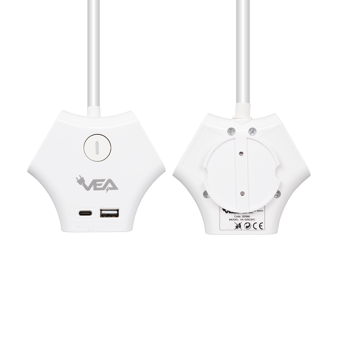 VEA VE-G903YC 3LÜ USB+ TYPE-C GİRİŞLİ ANAHTARLI 1.5 METRE GRUP PRİZ