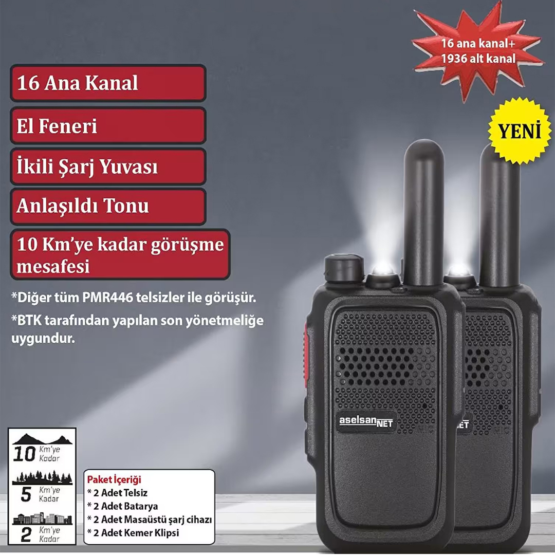 ASELSAN PM-580 PMR ŞARJ DAHİL İKİLİ EL TELSİZİ (10 KM)(16 KANAL + 121 ALT KANAL)