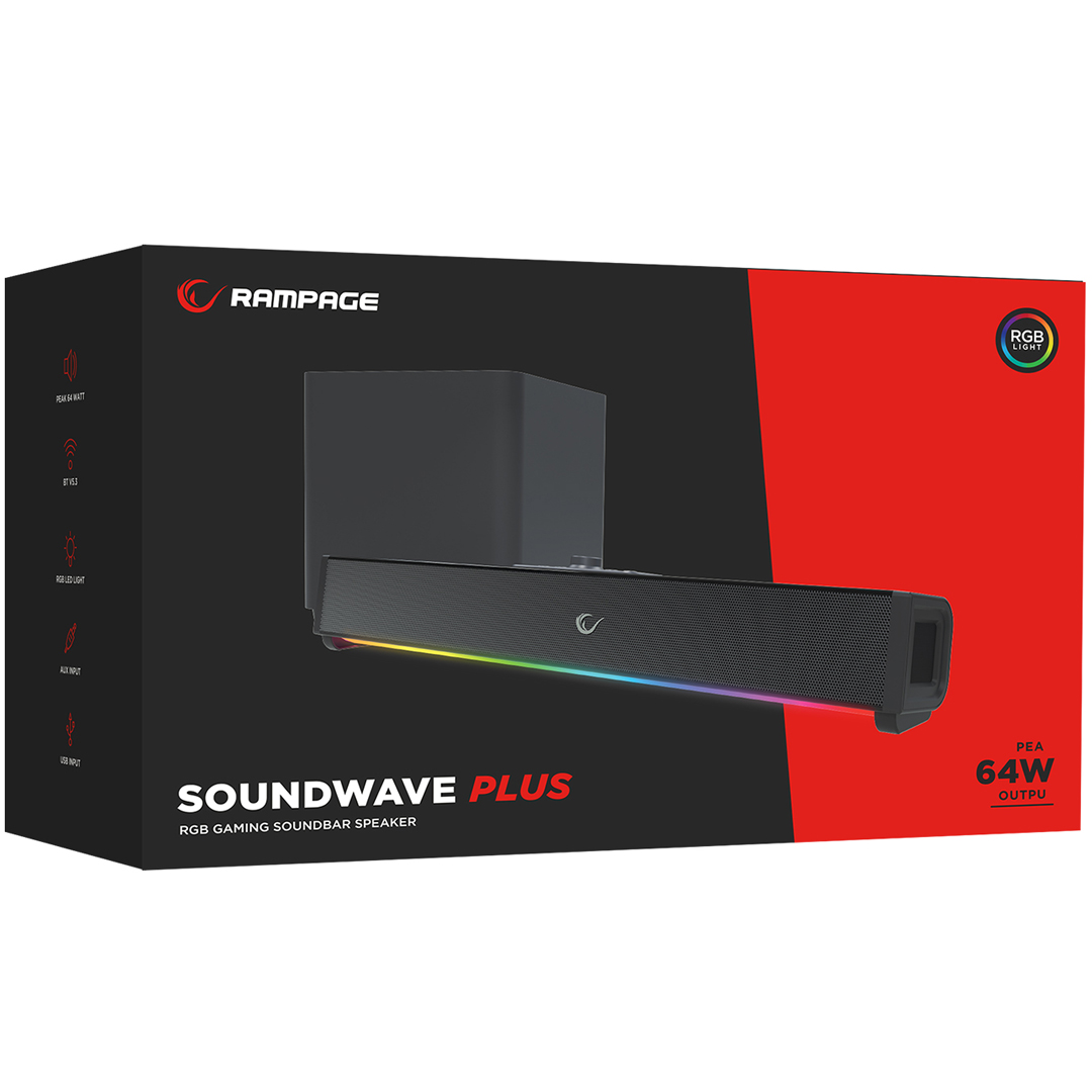 RAMPAGE RM-1 SOUNDWAVE PLUS SİYAH 2X15 WATT+34 WATT BT+USB+AUX+TF KARTLI GAMİNG SOUNDBAR