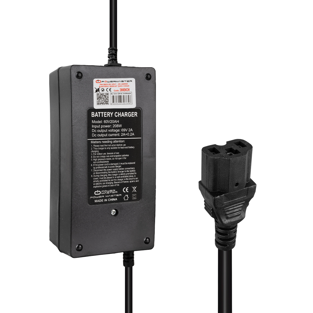 POWERMASTER PM-31801 ADJ160-01  60 VOLT - 20 AMPER C16 ERKEK UÇLU ELEKTRİKLİ BİSİKLET ŞARJ CİHAZI