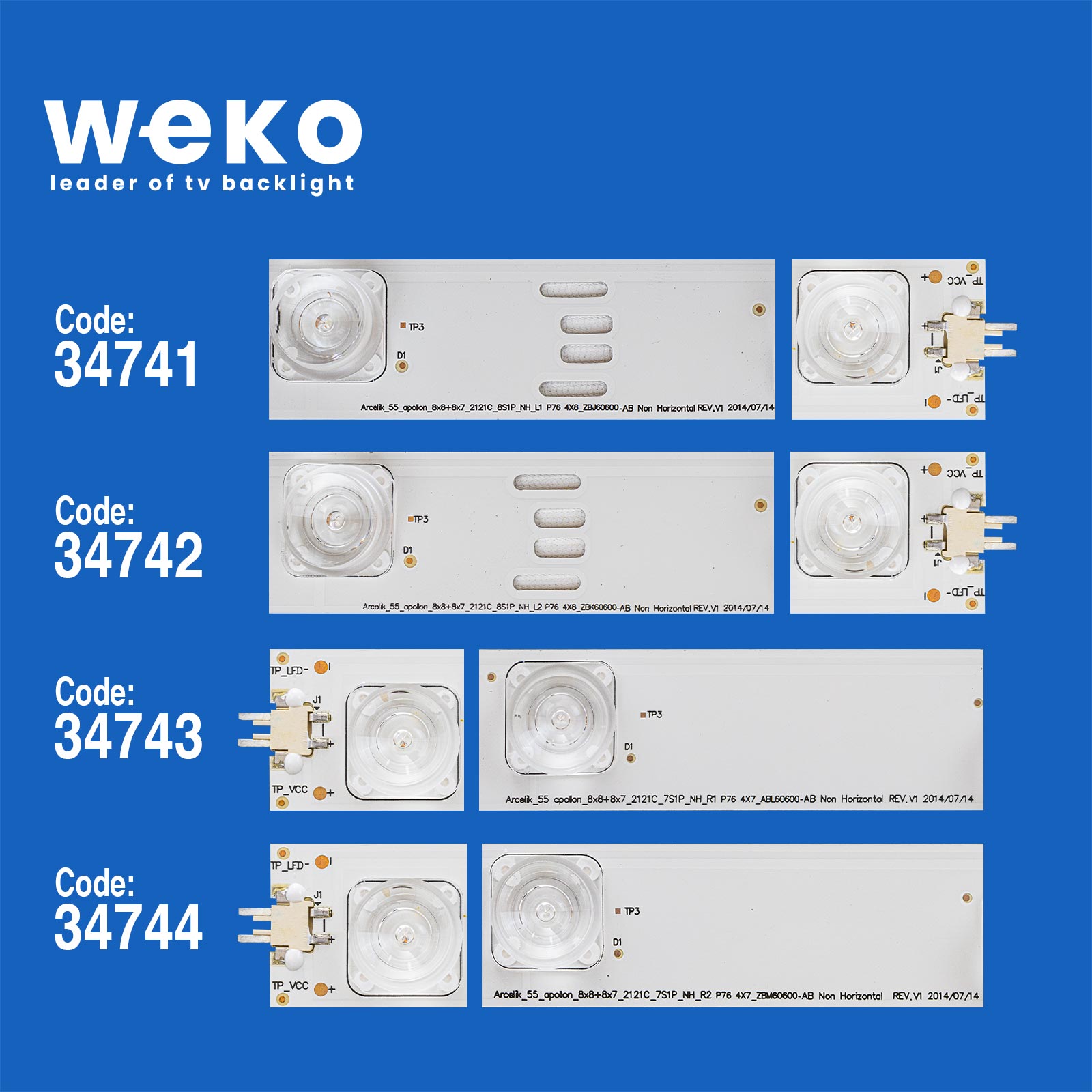 WKSET-5045 34741X4 34742X4 34743X4 34744X4 ARCELİK_55_APOLLON_8X8+8X7_2121C 16 ADET LED BAR