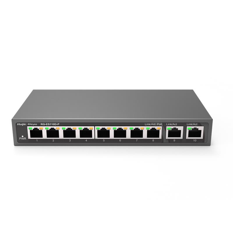 RUIJIE REYEE RG-ES110D-P 8 PORT 10/100 + 2X GIGABIT RJ45 UPLINK METAL KASA 110W POE SWITCH 
