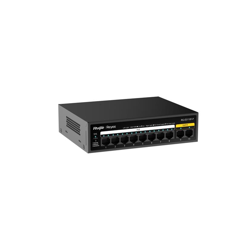 RUIJIE REYEE RG-ES110F-P 8 PORT 10/100 + 2X 10/100 RJ45 UPLINK METAL KASA 110W POE SWITCH 