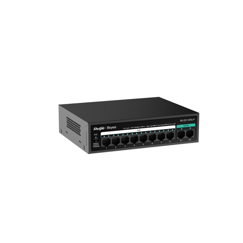 RUIJIE REYEE RG-ES110FG-P 8 PORT 10/100 + 2XGB RJ45 UPLINK METAL KASA 110W POE SWITCH 