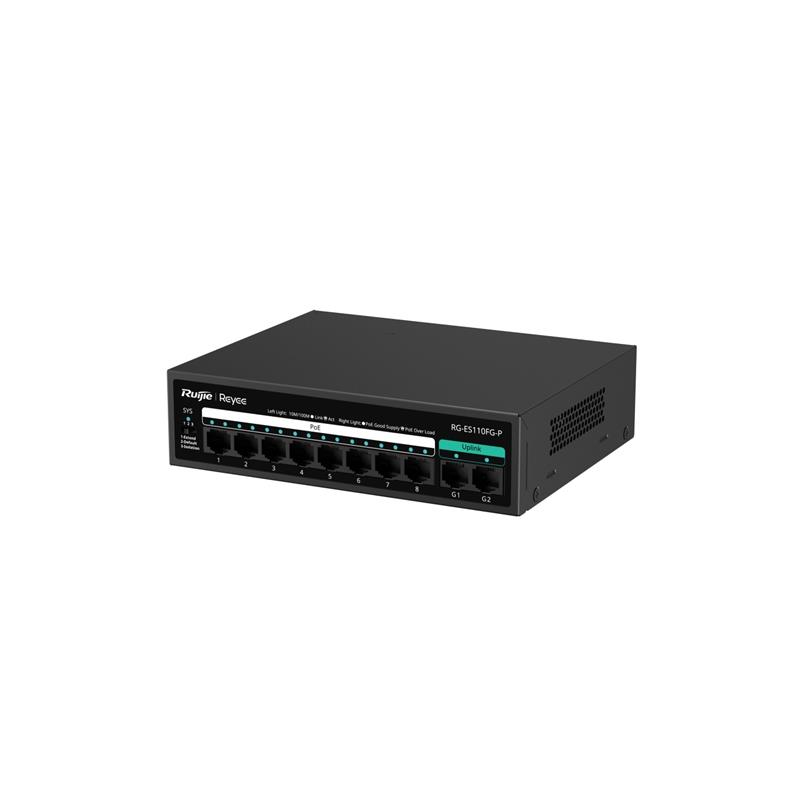 RUIJIE REYEE RG-ES110FG-P 8 PORT 10/100 + 2XGB RJ45 UPLINK METAL KASA 110W POE SWITCH 