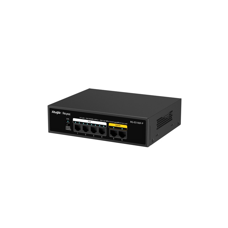 RUIJIE REYEE RG-ES106F-P 4 PORT 10/100 + 2 PORT 10/100 UPLINK 54W 250 METRE POE METAL KASA SWITCH 