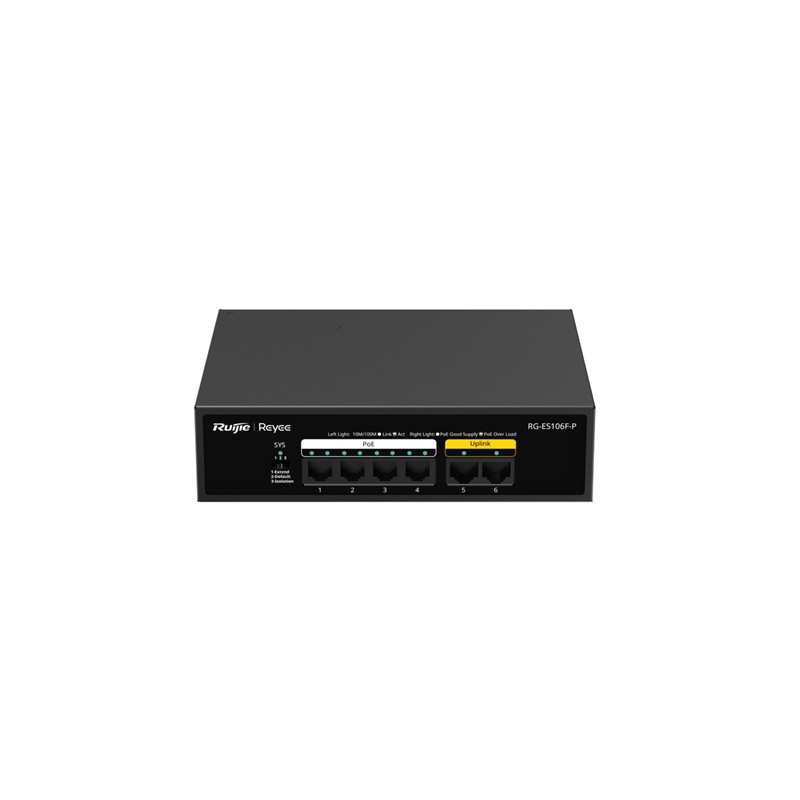 RUIJIE REYEE RG-ES106F-P 4 PORT 10/100 + 2 PORT 10/100 UPLINK 54W 250 METRE POE METAL KASA SWITCH 