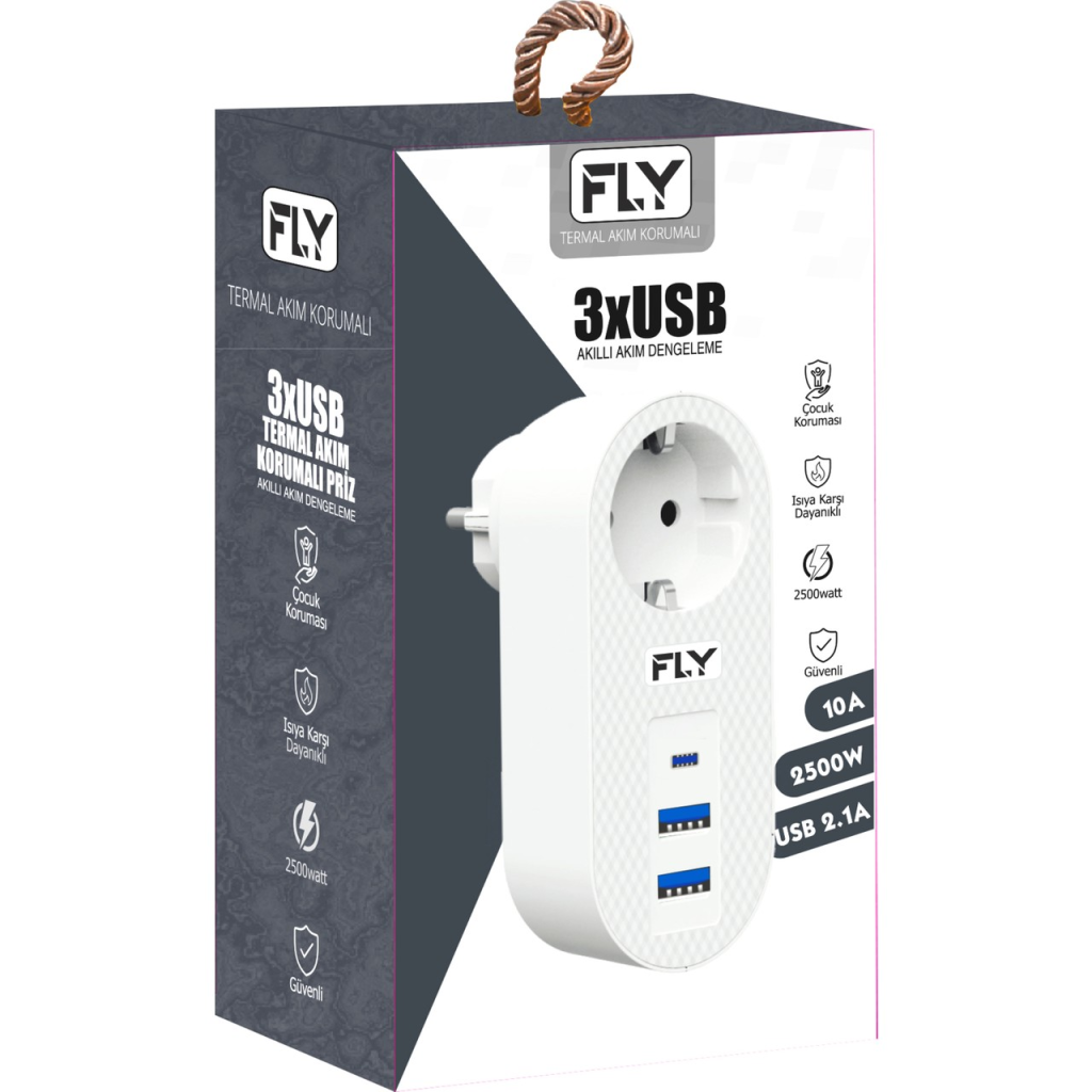 FLY 3400-01, 1 Soket, 2 USB, 1 TYPE-C, Akım Korumalı Priz, 2.1A, (Beyaz)