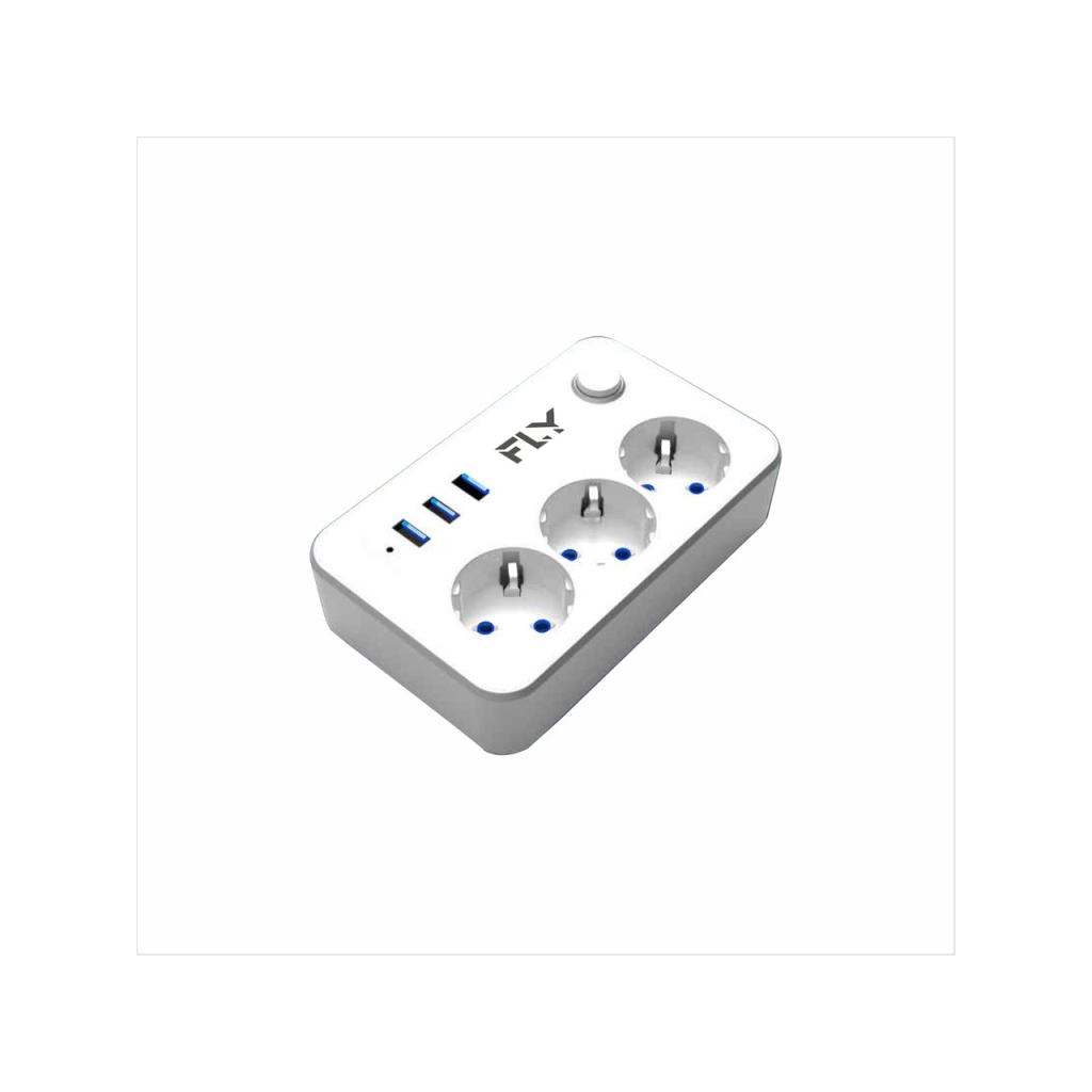 FLY 3406-01, 3 Soket, 3 USB, Akım Korumalı Priz, 2.1A, Anahtarlı, 2Mt Kablo, (Beyaz)