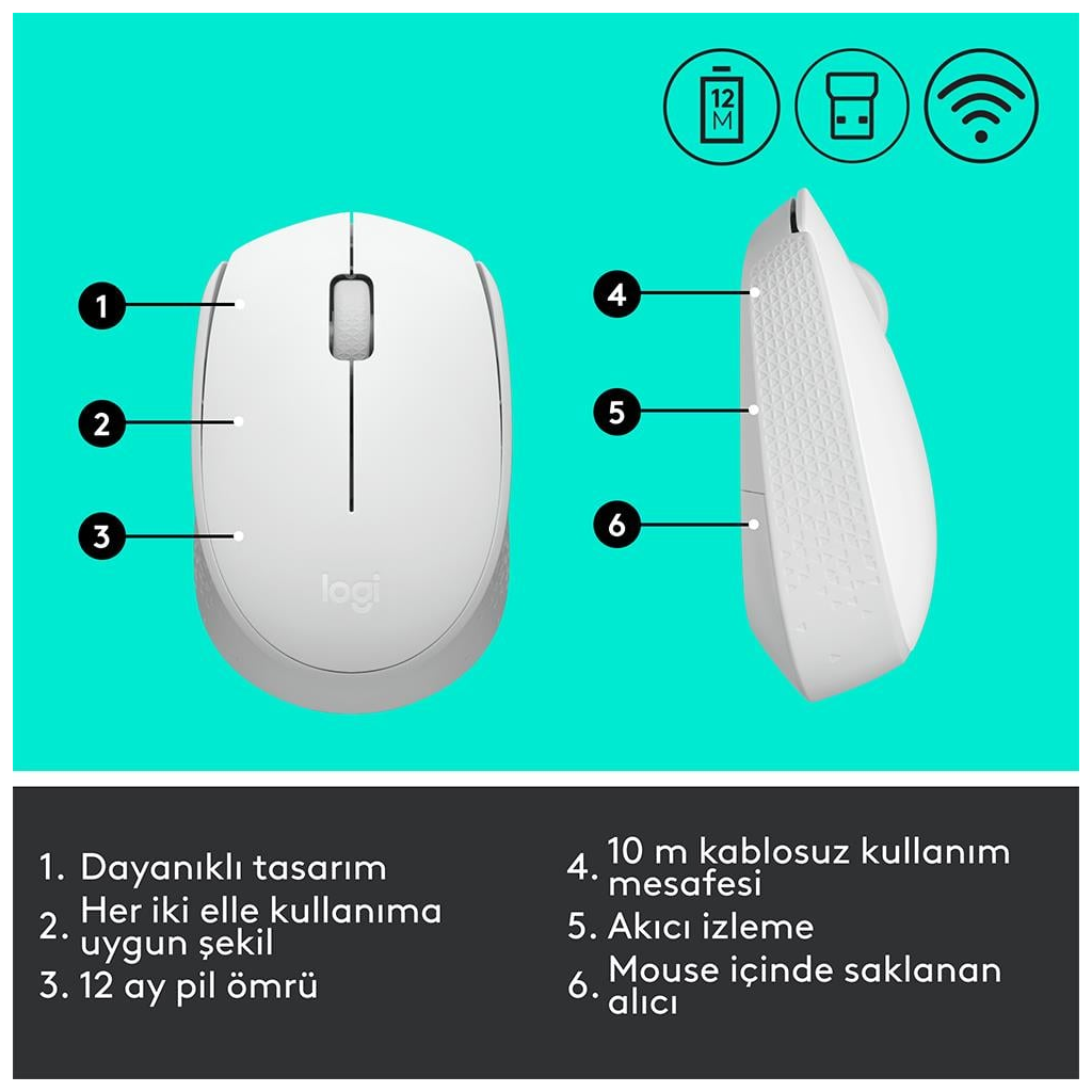 LOGITECH 910-006867, M171 White, USB Nano 2,4G Kablosuz, 1000dpi, Optik, 3 Tuşlu, 12ay Pil Ömrü, Mouse