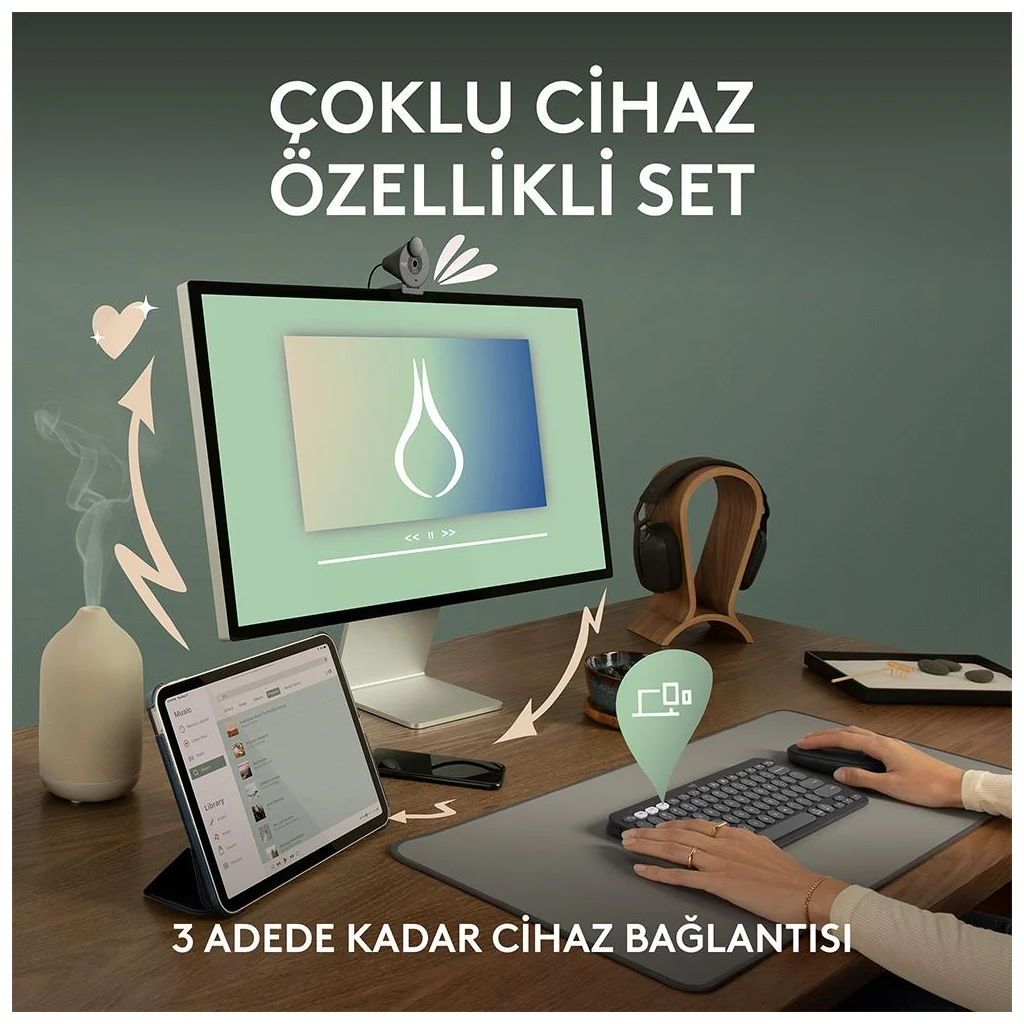 LOGITECH Pebble 2 Combo, Grafit, 920-012245, Bluetooth, Türkçe, Q, Multimedya, Mini Klavye Mouse Set