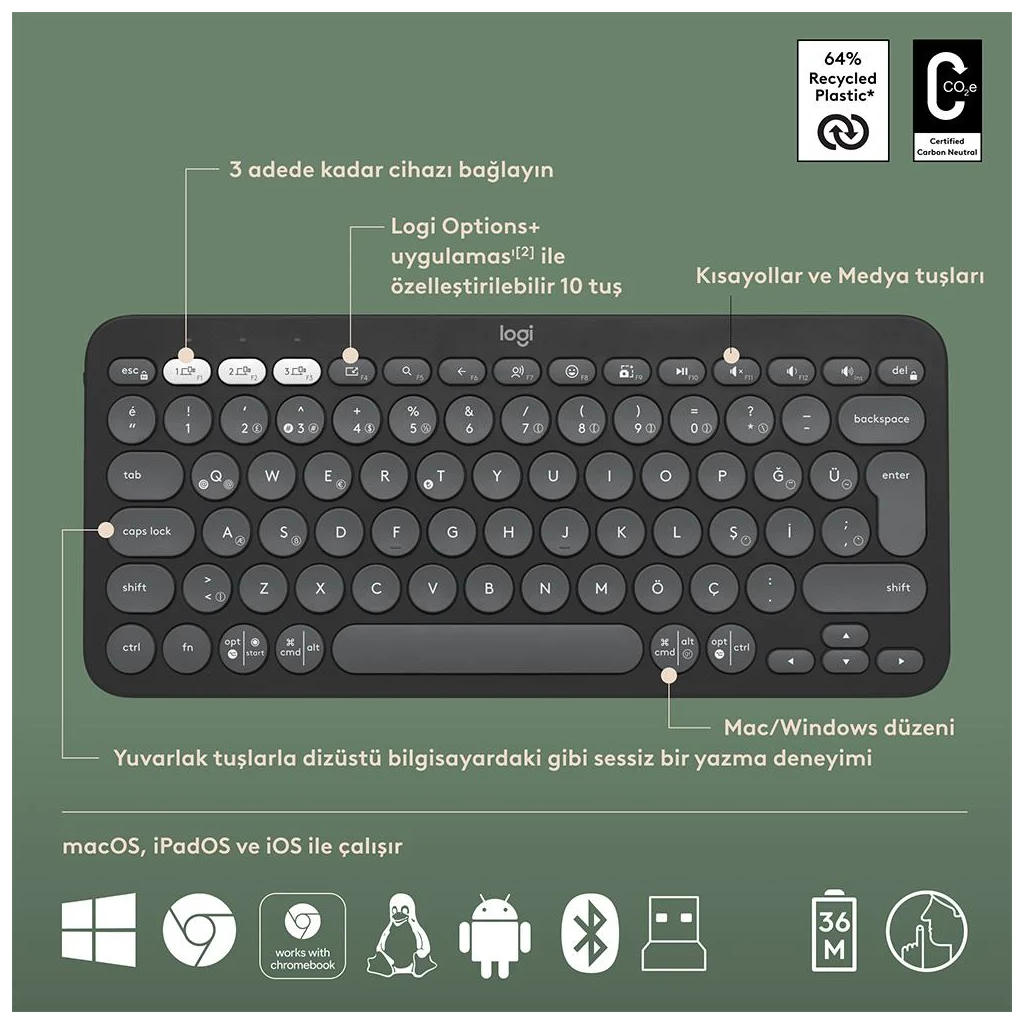 LOGITECH Pebble 2 Combo, Grafit, 920-012245, Bluetooth, Türkçe, Q, Multimedya, Mini Klavye Mouse Set
