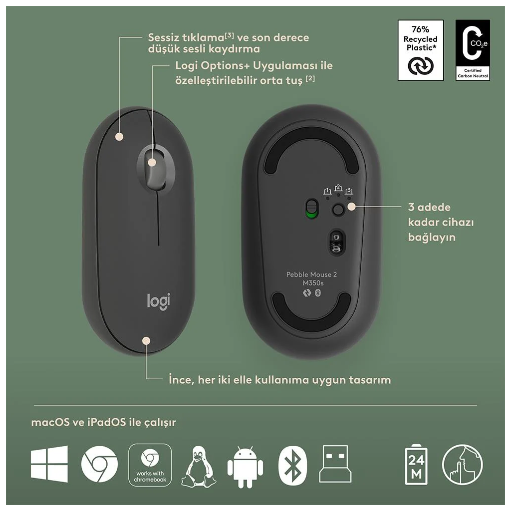 LOGITECH Pebble 2 Combo, Grafit, 920-012245, Bluetooth, Türkçe, Q, Multimedya, Mini Klavye Mouse Set