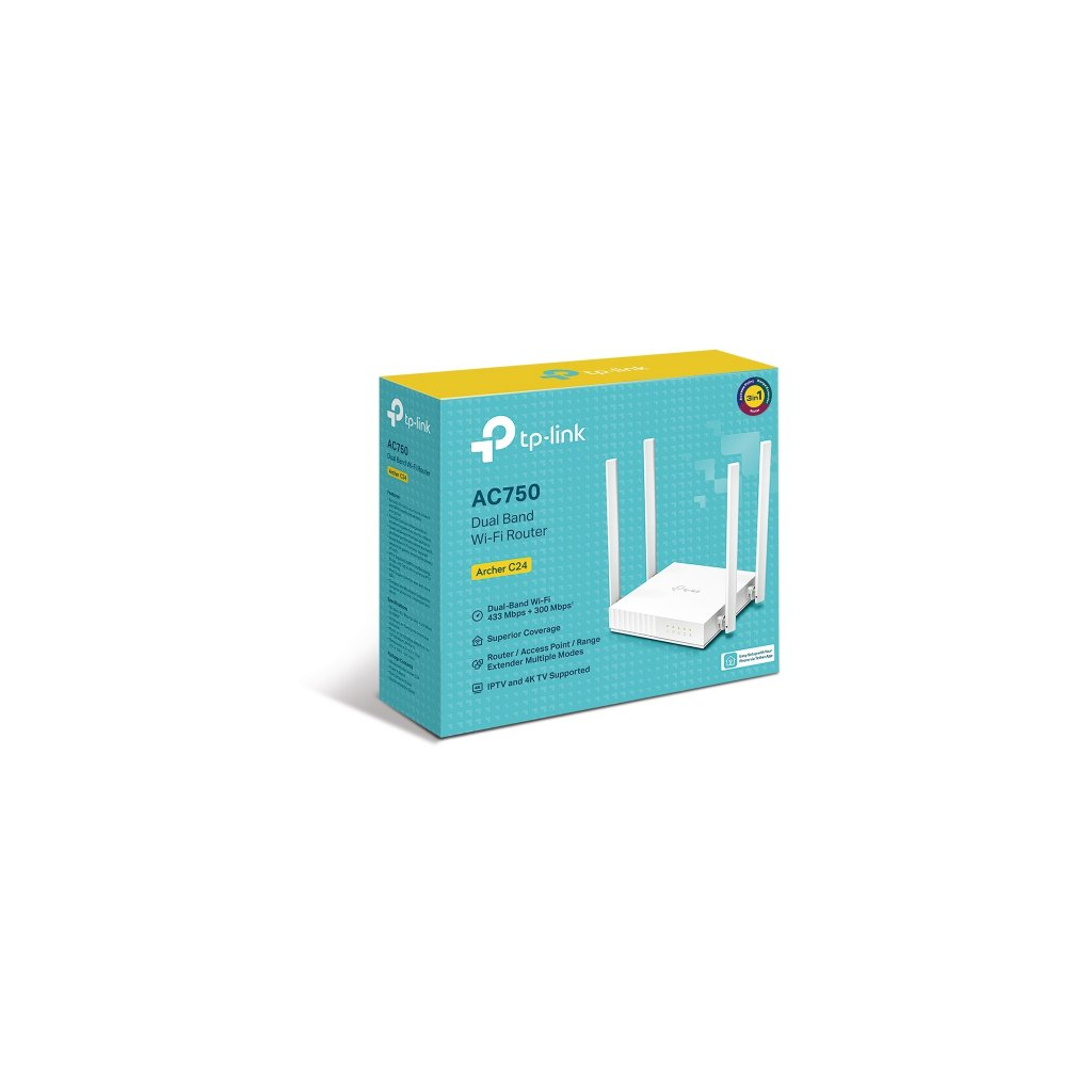 TP-LINK ARCHER C24, AC750, 4Port, 300-433Mbps, Dual Band WiFi, Masaüstü, Megabit, Router, Access Point, Range Extender