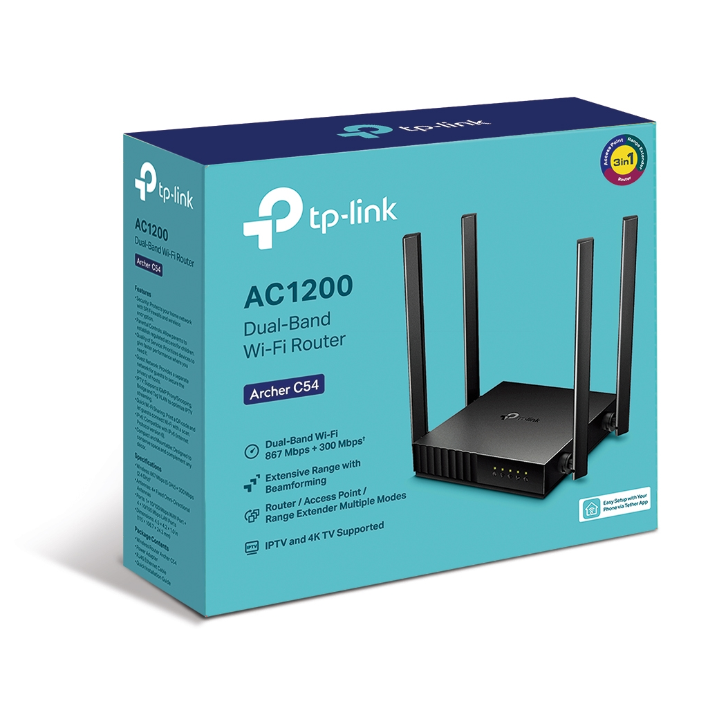 TP-LINK ARCHER C54, AC1200, 4Port, 300-867Mbps, Dual Band WiFi, Masaüstü, Megabit, Router, Access Point, Range Extender