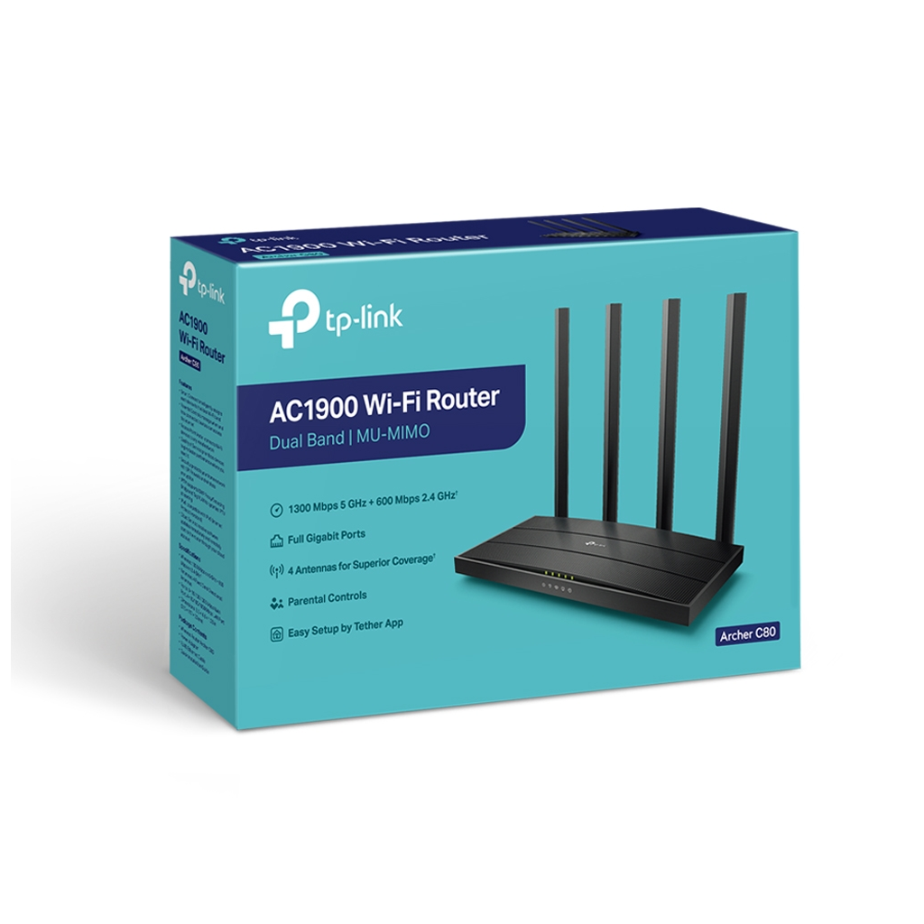 TP-LINK ARCHER C80, AC1900, 4Port, 600-1300Mbps, Dual Band MU-MIMO WiFi, Masaüstü, Gigabit, Router, Access Point