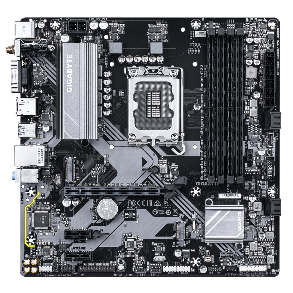 GIGABYTE B760M D3HP WIFI6, 4xDDR5, 2xM.2, DP, HDMI, VGA, Wi-Fi 6E, Bluetooth v5.3, 12-13.14.Nesil, LGA1700 Soket, Anakart