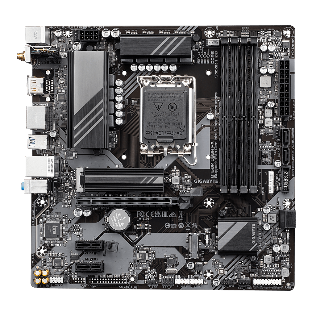GIGABYTE B760M DS3H AX, rev.1.0, 4xDDR5, 2xM.2, 2xDP, HDMI, Type-C, Wi-Fi 6E, Bluetooth v5.3, 12-13-14.Nesil, LGA1700 Soket, Anakart