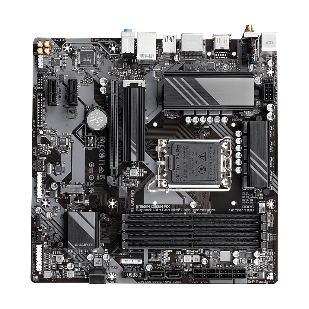 GIGABYTE B760M DS3H AX, rev.1.0, 4xDDR5, 2xM.2, 2xDP, HDMI, Type-C, Wi-Fi 6E, Bluetooth v5.3, 12-13-14.Nesil, LGA1700 Soket, Anakart